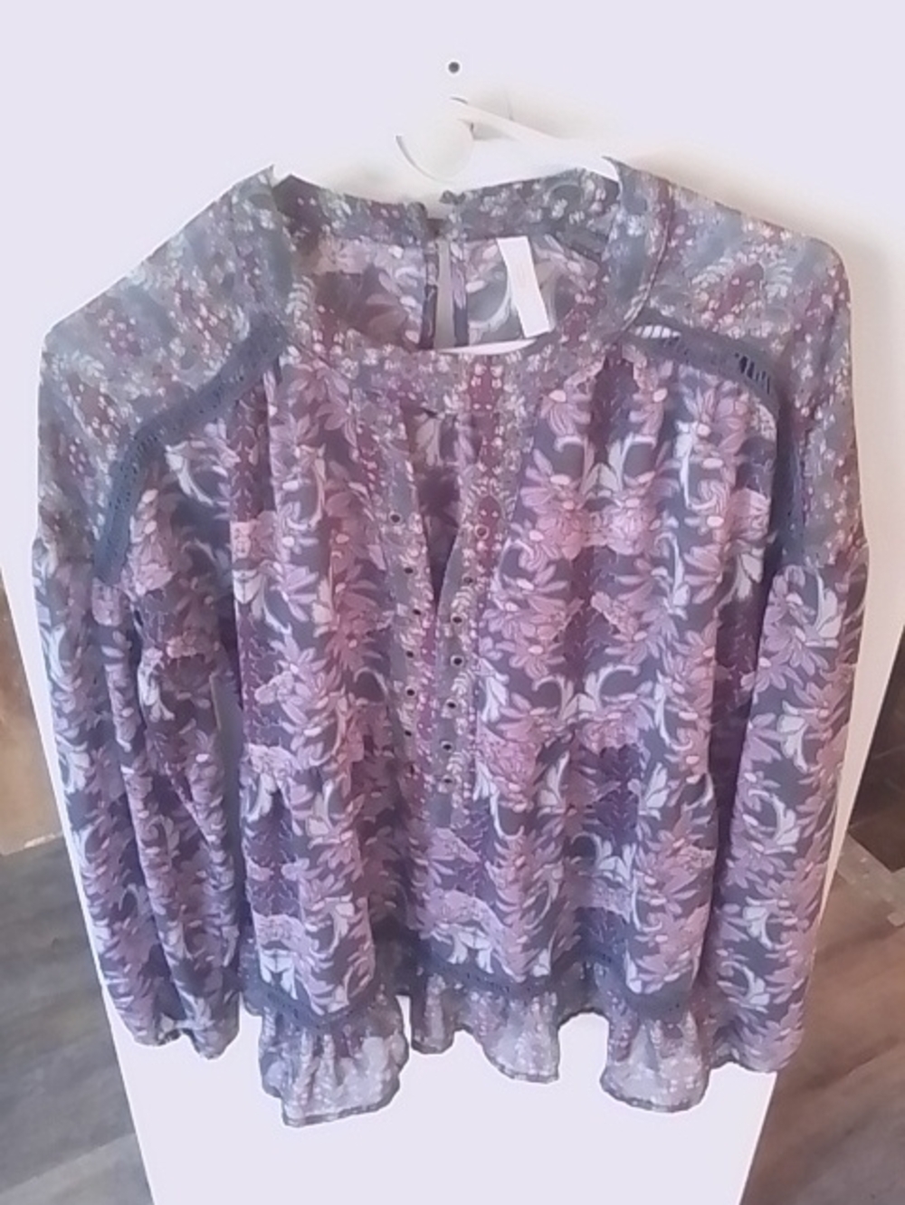 (343).  Xhilaration Purple Floral Lace-Trim Peasant Blouse